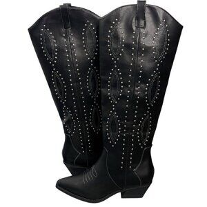 Studded Western Cowgirl High Boots Black JustFab Vegan Leather Women’s 9.5 NWOB